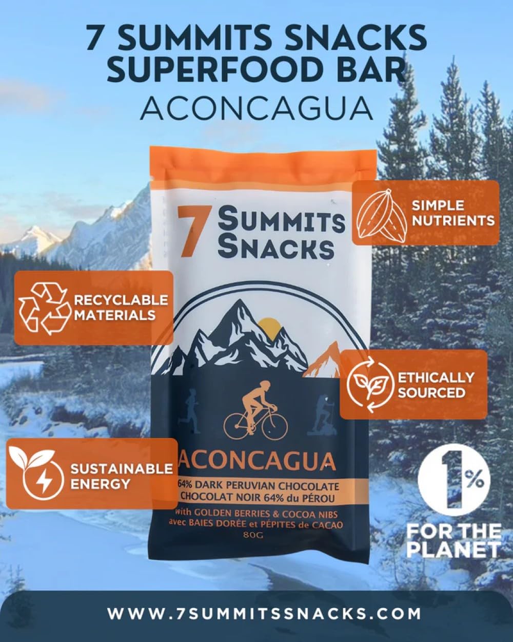 7 Summits Snacks Aconcagua Superfood Chocolate Bar – 12 Pack (80g each) - Canadian Distribution - Ships Free Within Canada on Orders Above CAD $199