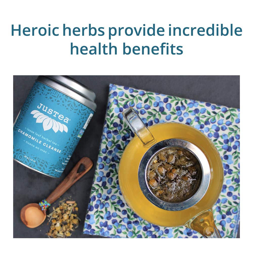 JusTea Chamomile Dream Loose Leaf Herbal Tea | 45g Tin with Carved Spoon | 40+ Servings | Organic Fair Trade - Canadian Distribution - Ships Free Within Canada on Orders Above CAD $199