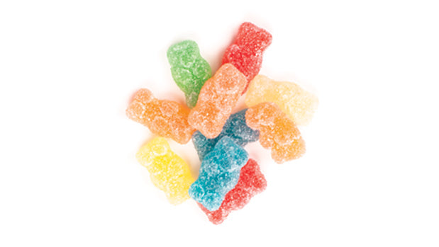 Colorful sugared gummy bears on a white background