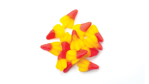 Gummy jelly chicken feet candy on a white background
