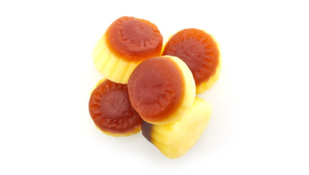 Gummy creme brulee candy on a white background