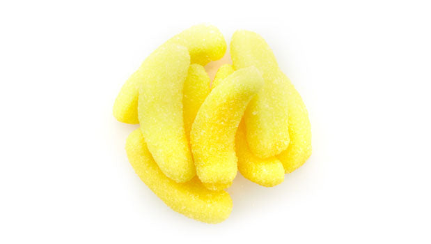 Mini Gummy Banana Chews Candy on a white background