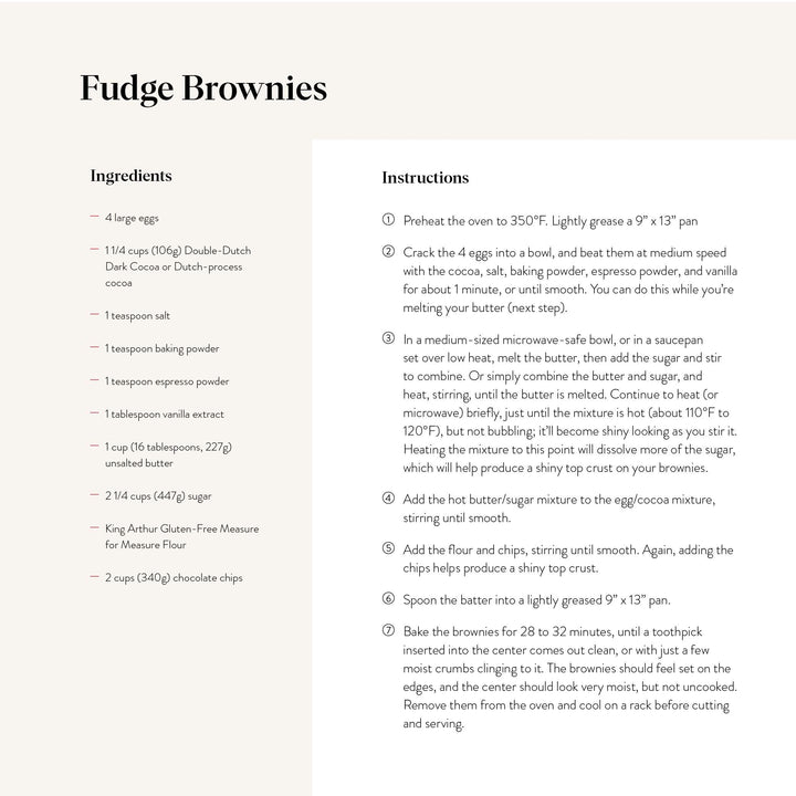Fudge Brownies recipe card with ingredients and instructions on a white background