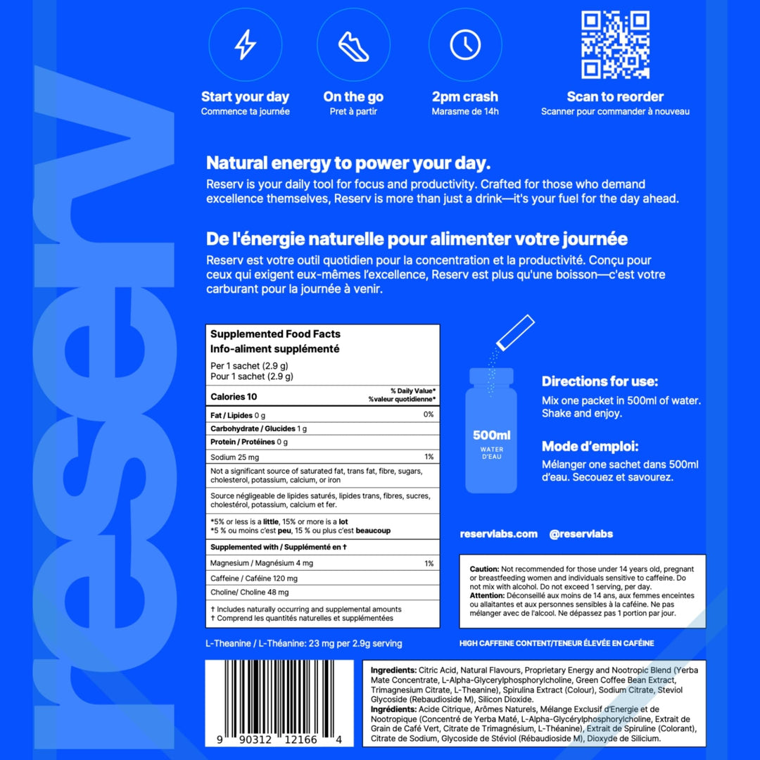 Reserv – Energy Drink Powder – Yerba Mate – Blueberry Lemonade – 24 Sticks