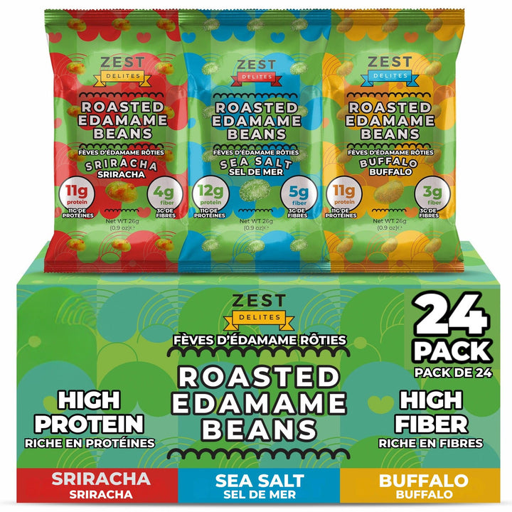 Zest Delites – Edamame Snack – Sea Salt / Sriracha / Buffalo – 26 g × 24 Packs