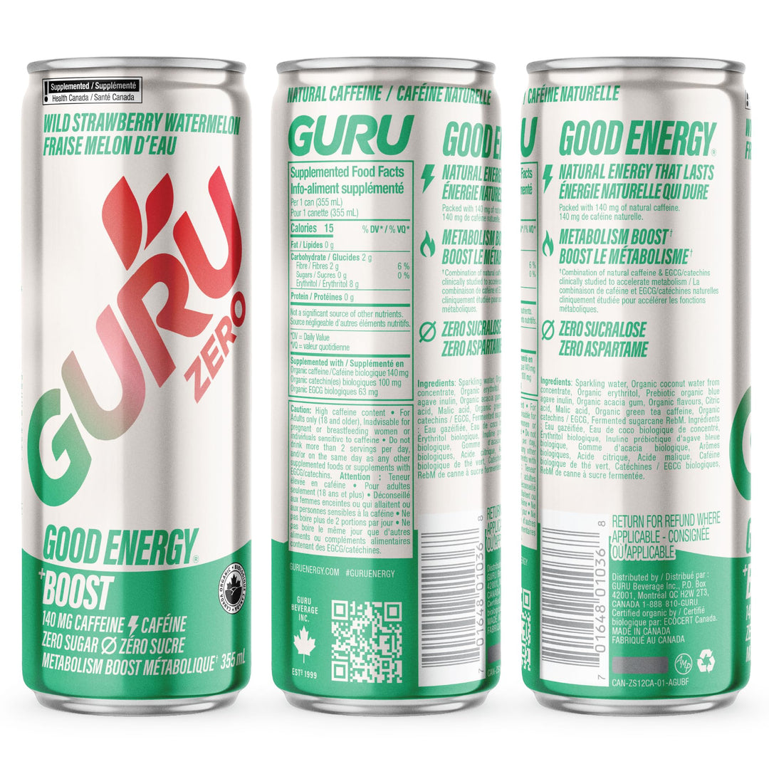 GURU – Zero Sugar Energy Drink – Wild Strawberry Watermelon – 24 × 355 ml