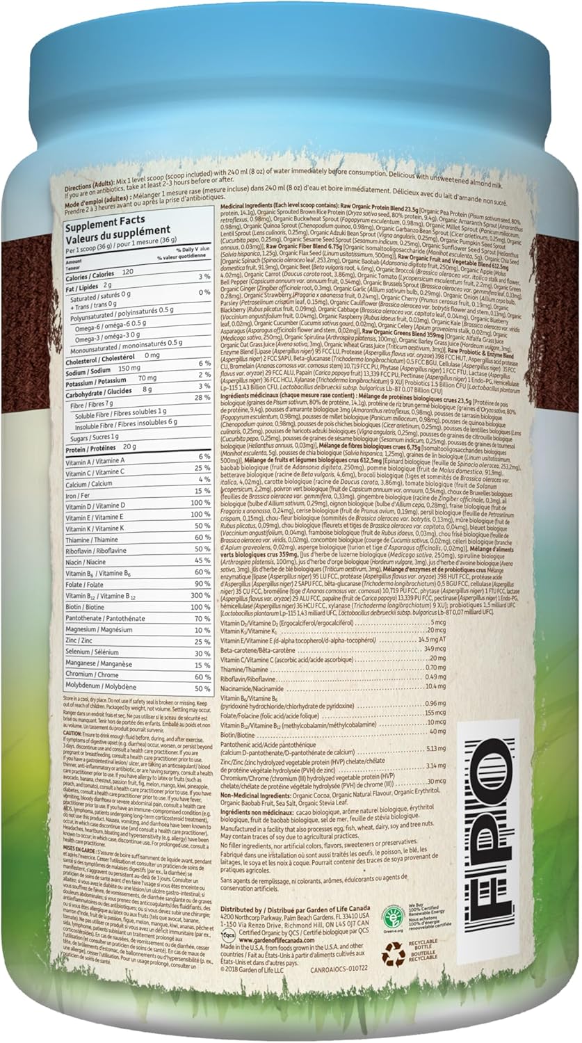 Garden of Life – Boisson nutritionnelle complète crue – Chocolat – 1017 g, 28 portions