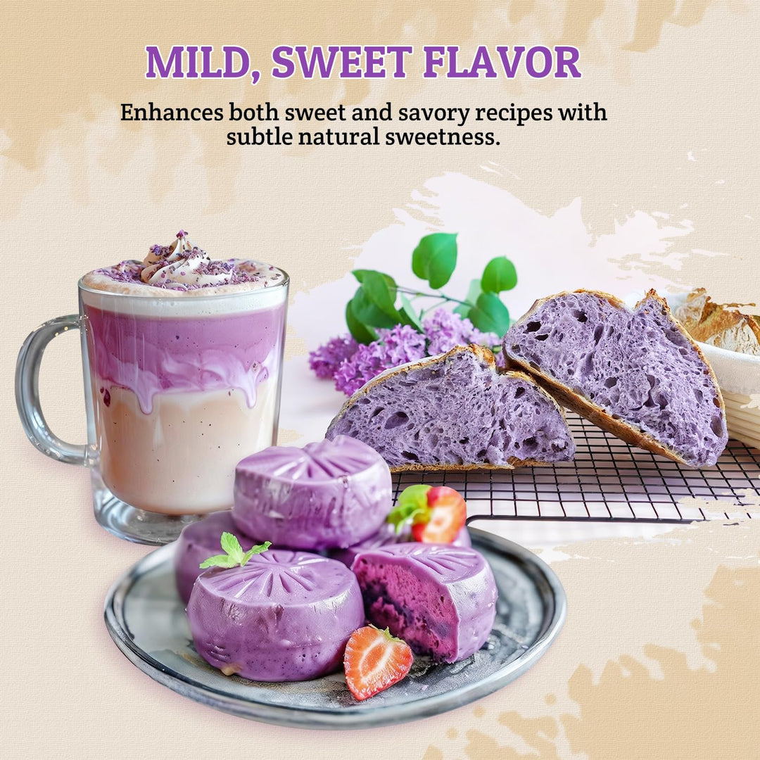 Purple-themed food items including a mug, bread, and pastries on a beige background with text about mild sweet flavor.