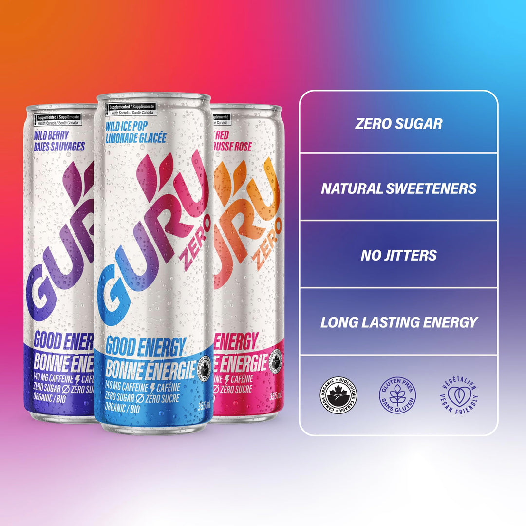 GURU – Zero Sugar Organic Energy Drink – Variety Pack – 355mL, 12 Pack