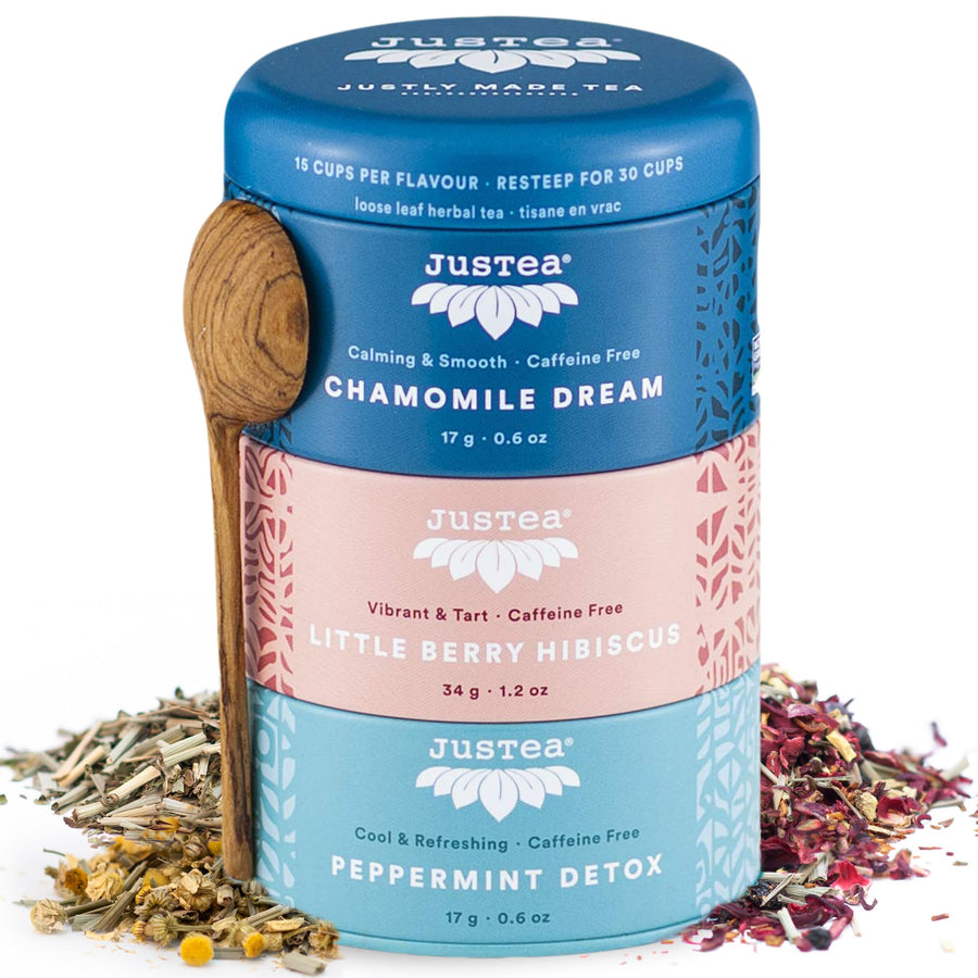 JusTea – Herbal Tea Trio – Variety Pack – Loose Leaf + Carved Spoon
