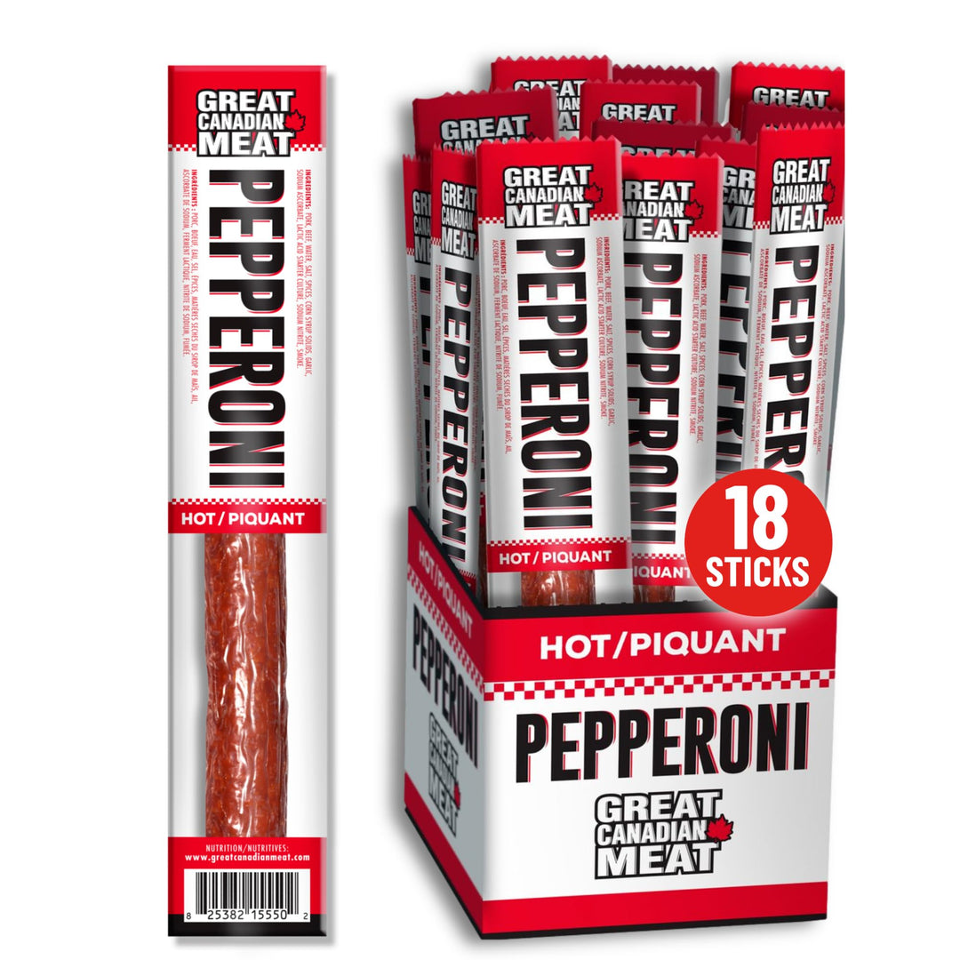 Great Canadian Meat – Pepperoni Sticks – Hot – 18 × 22g – High protein snack
