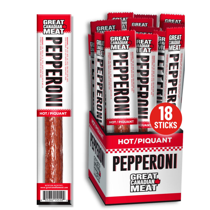 Great Canadian Meat – Pepperoni Sticks – Hot – 18 × 22g – High protein snack
