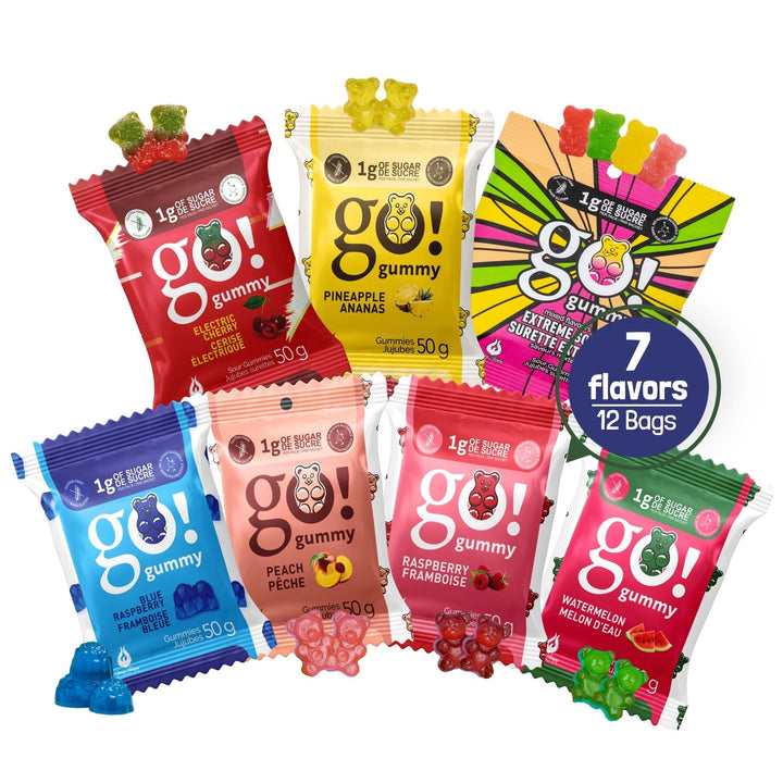 Jimmy Sevigny – GoGummy Low Sugar Gummy Bears – Variety Pack, 7 Flavours – 50g x 12