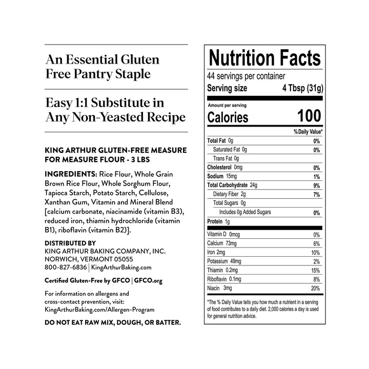 Nutrition label for King Arthur Gluten-Free Measure for Measure Flour on a white background
