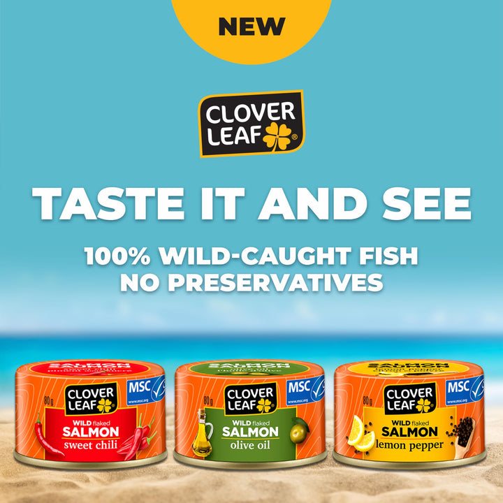 Clover Leaf Wild Flaked Salmon Sweet Chili, 80g, 24 Easy-Peel Cans - High Protein Canned Pink Salmon with Omega-3 & Vitamin D - Canadian Distribution - Ships Free Within Canada on Orders Above CAD $199