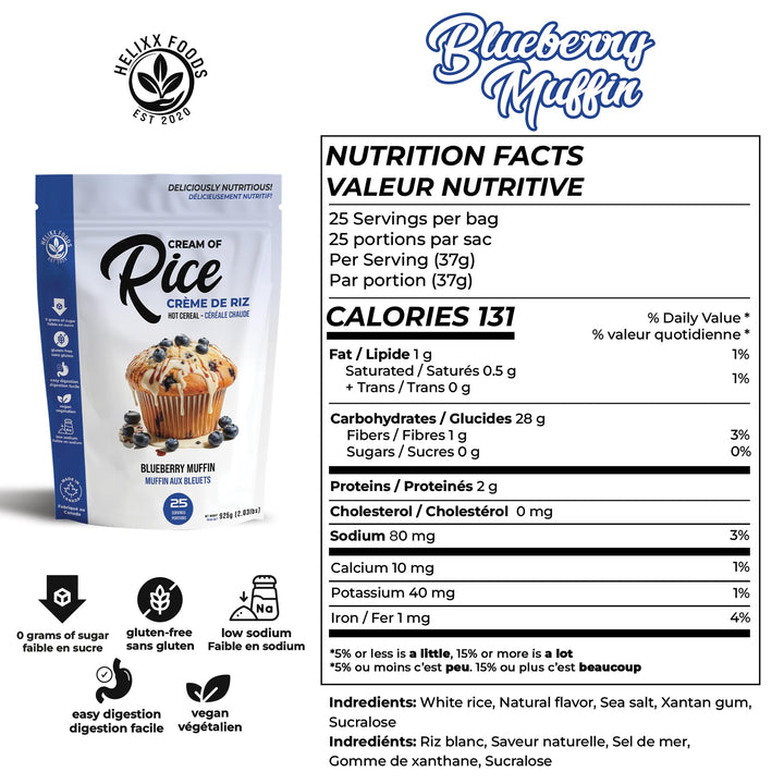 Helixx Foods, Cream of Rice, Blueberry Muffin, Product of Canada, 925g/2.03 lbs - Canadian Distribution - Ships Free Within Canada on Orders Above CAD $199