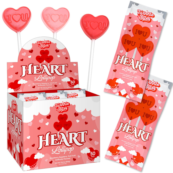 Lot de 50 sucettes pour la Saint-Valentin – Sucettes en forme de cœur emballées individuellement – ​​Saveurs délicieuses : fraise, framboise, tutti frutti