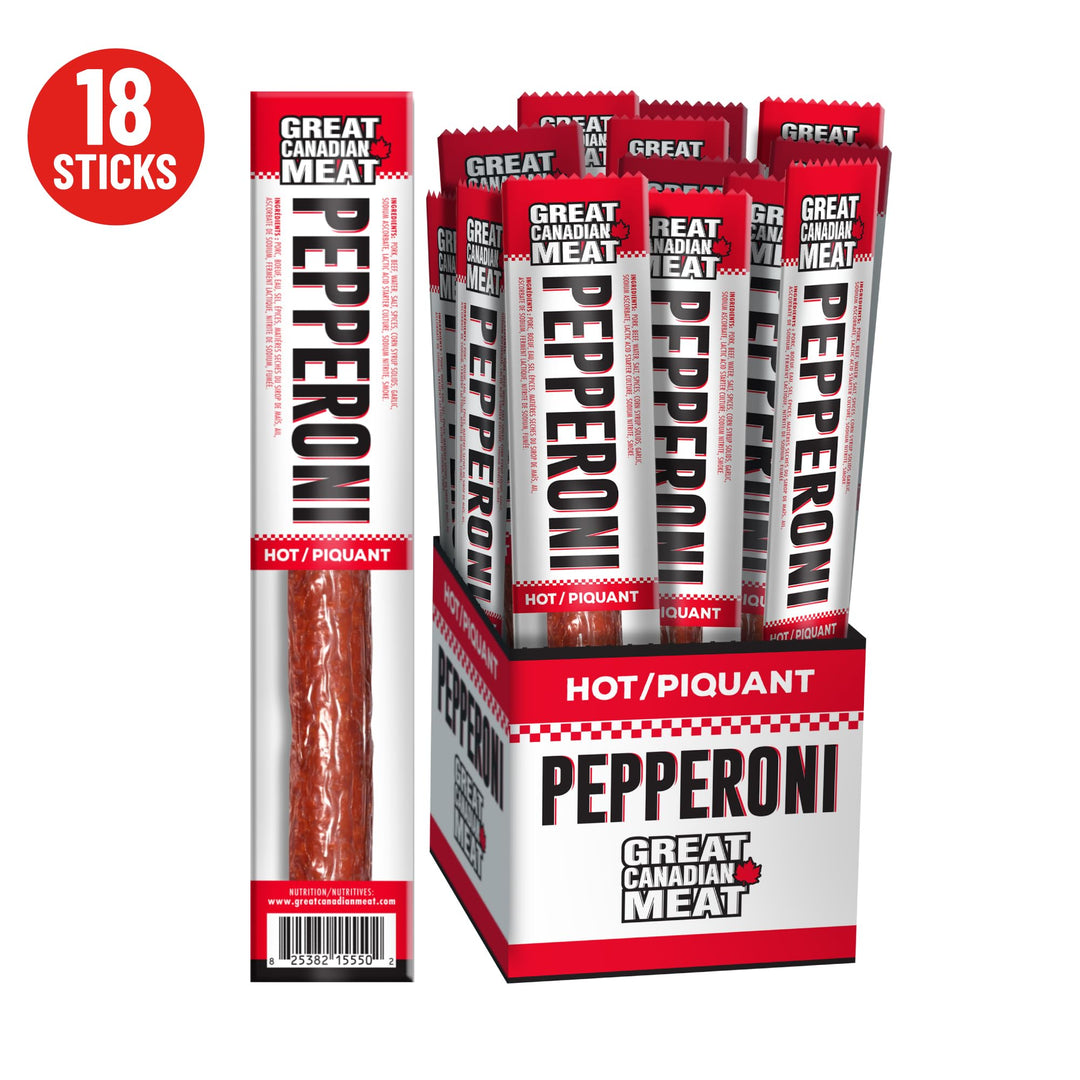 Great Canadian Meat – Pepperoni Sticks – Hot – 18 × 22g – High protein snack