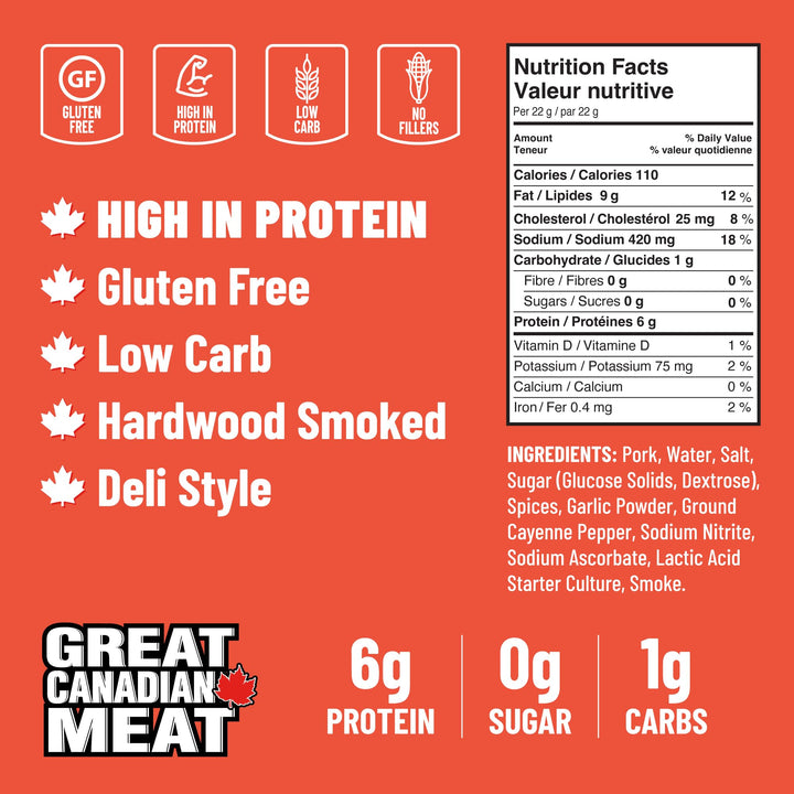 Great Canadian Meat – Pepperoni Sticks – Hot – 18 × 22g – High protein snack