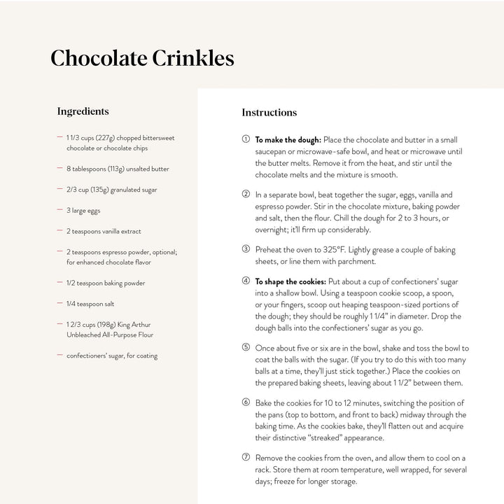 Recipe card for making chocolate crinkles with ingredients and instructions.