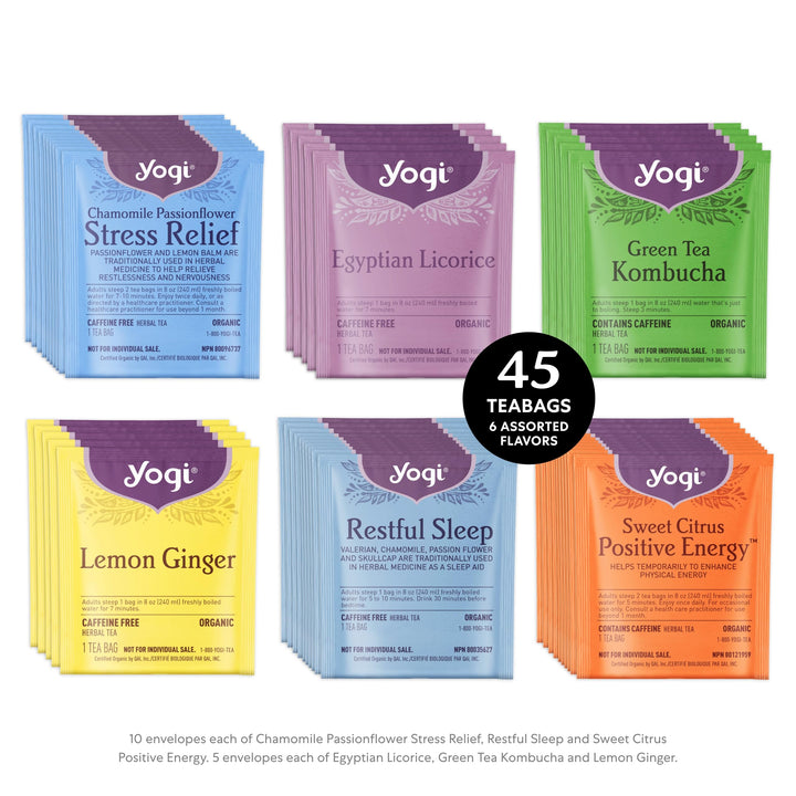 Yogi – Organic Tea Sampler – Assorted Wellness Teas – 45 Bags