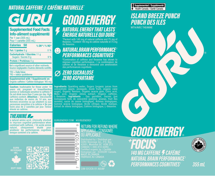 GURU – Organic Energy Drinks – Variety Pack – 24 × 355 ml – 140mg Caffeine