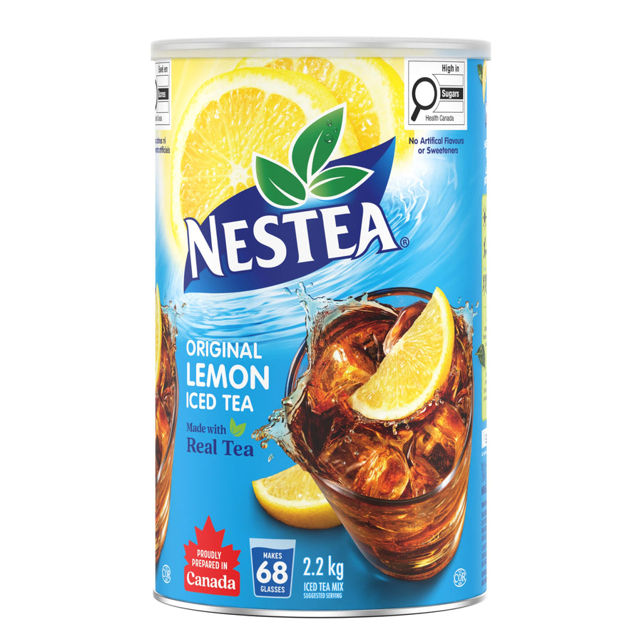 Nestea Original Lemon Iced Tea can with lemon slices on a white background