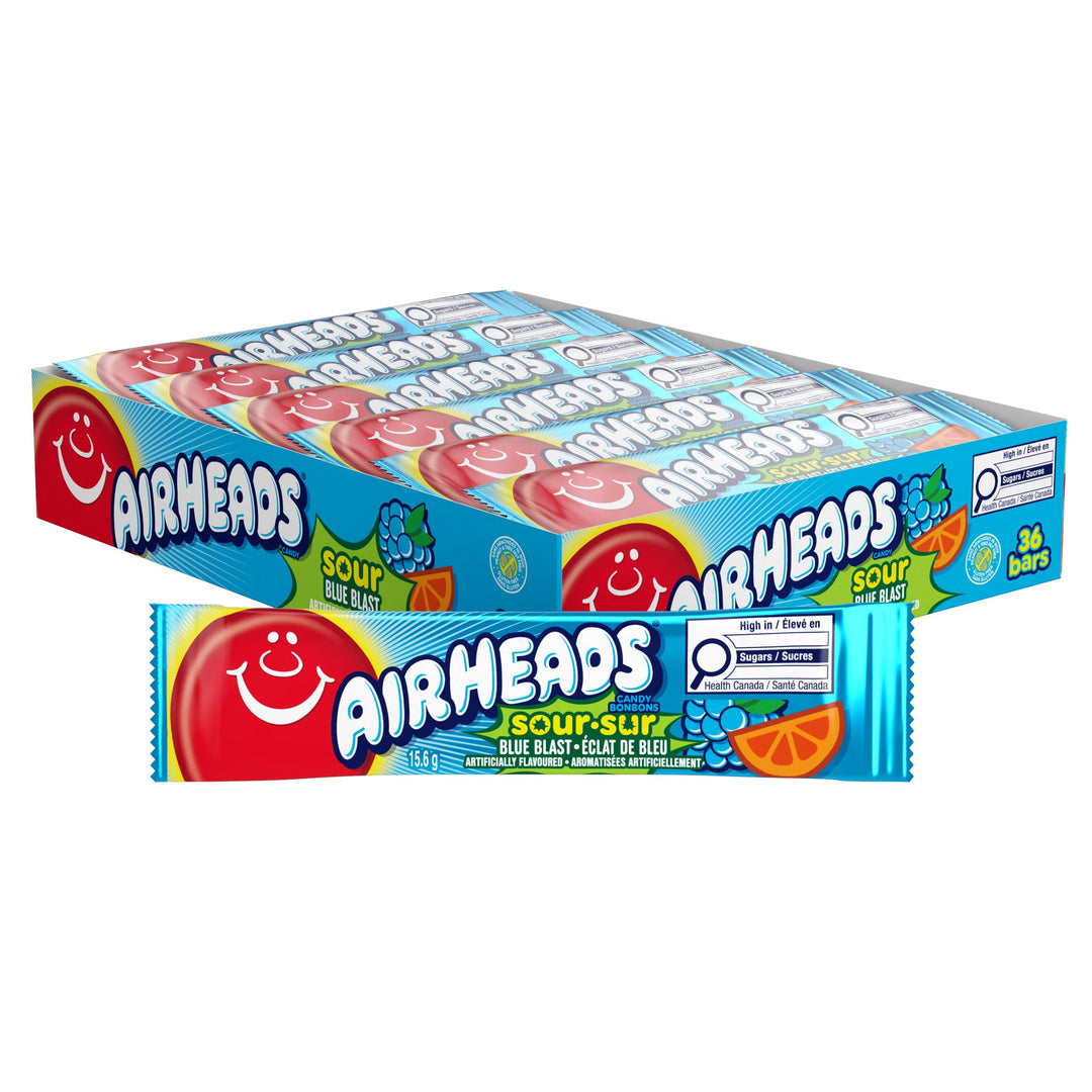 Airheads Sour Blue Blast Candy Bars - 2 x Pack of 36 (15.6g Each) - Canadian Distribution - Ships Free Within Canada on Orders Above CAD $199