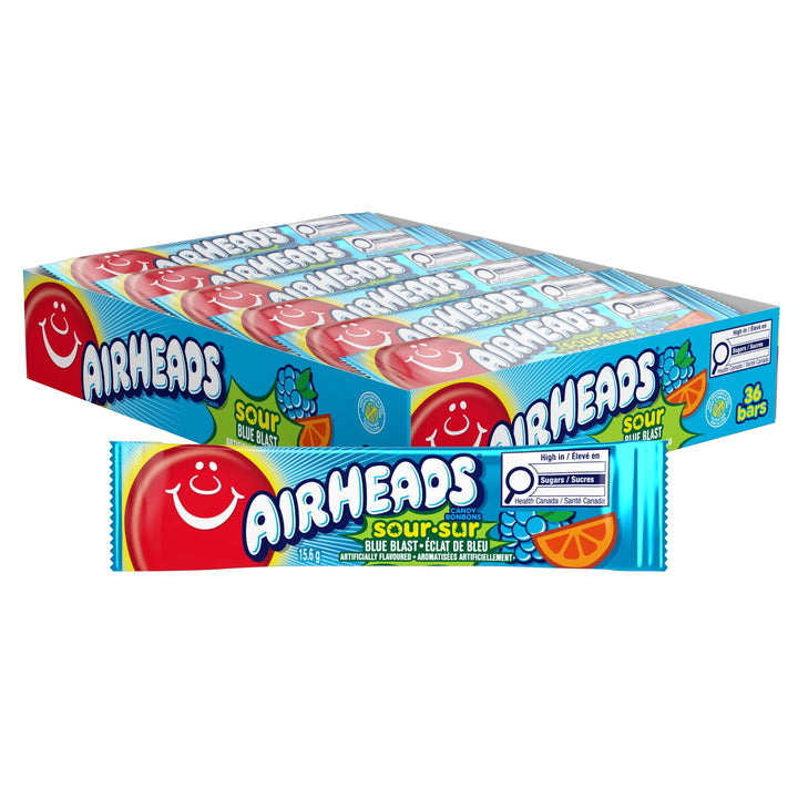 Airheads Sour Blue Blast Candy Bars - 2 x Pack of 36 (15.6g Each) - Canadian Distribution - Ships Free Within Canada on Orders Above CAD $199
