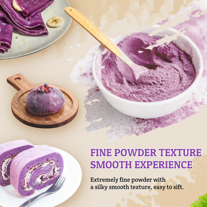 Ube Purple powder in a bowl with a spoon, next to purple rolled dessert on a plate.