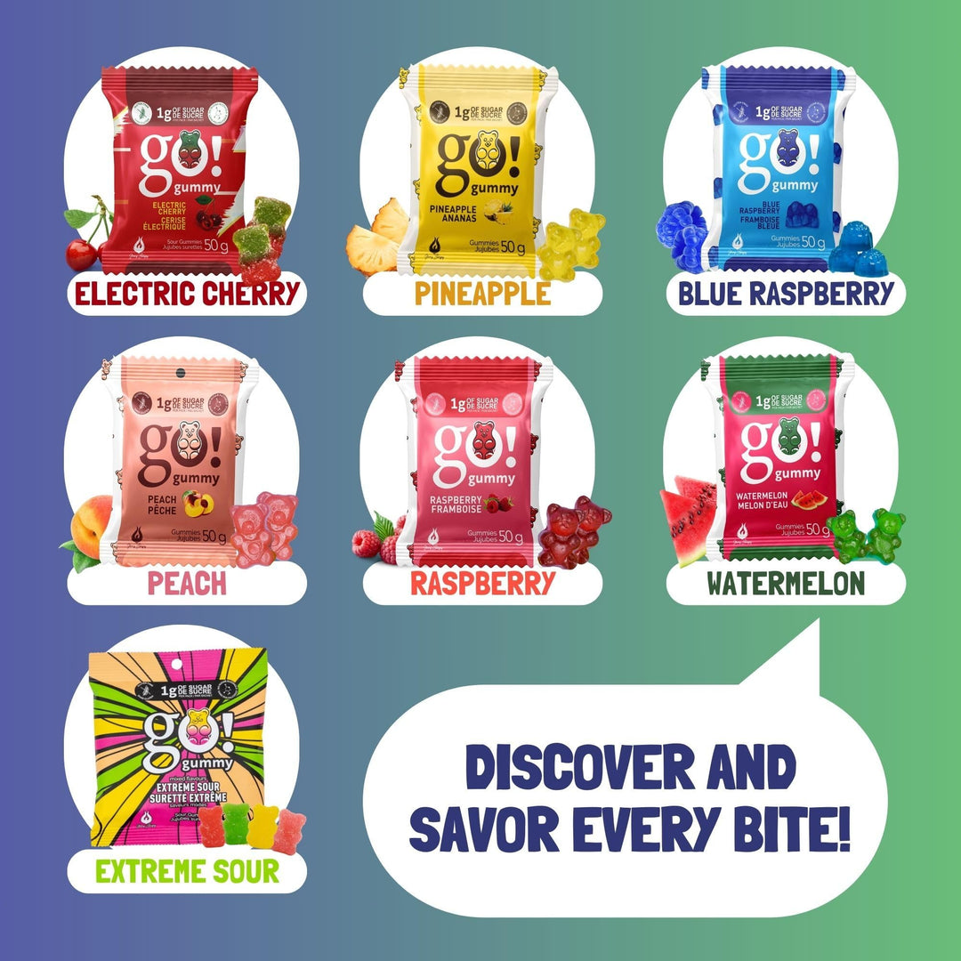 Jimmy Sevigny – GoGummy Low Sugar Gummy Bears – Variety Pack, 7 Flavours – 50g x 12