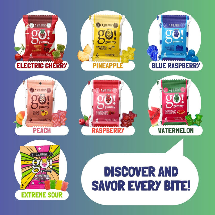 Jimmy Sevigny – GoGummy Low Sugar Gummy Bears – Variety Pack, 7 Flavours – 50g x 12