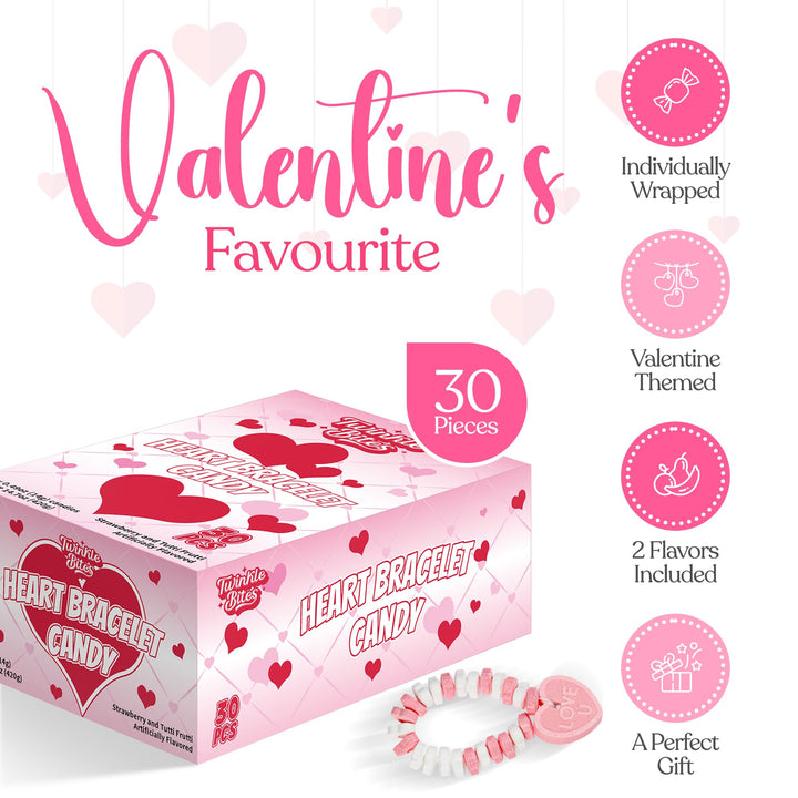 Sachet de 30 bonbons de la Saint-Valentin – Bonbons en forme de cœur emballés individuellement – ​​Saveurs délicieuses : fraise et tutti frutti – Bonbons de la Saint-Valentin en vrac