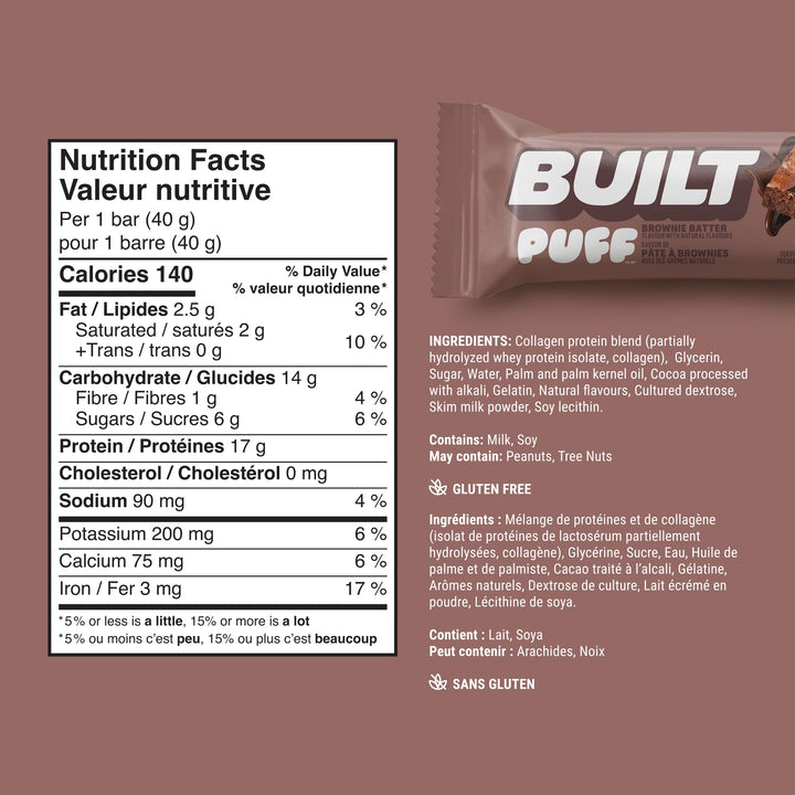Built Bar Puff Protein Bars – Brownie Batter Flavor (12-Count Box) - Canadian Distribution - Ships Free Within Canada on Orders Above CAD $199