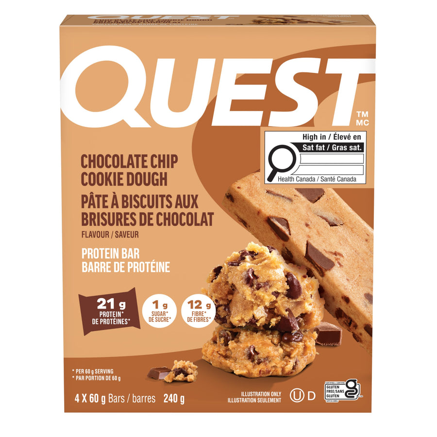 Quest Chocolate Chip Cookie Dough Protein Bar - 21g Protein, 1g Sugar, High Fiber, Keto Friendly (4-Pack) - Canadian Distribution - Ships Free Within Canada on Orders Above CAD $199