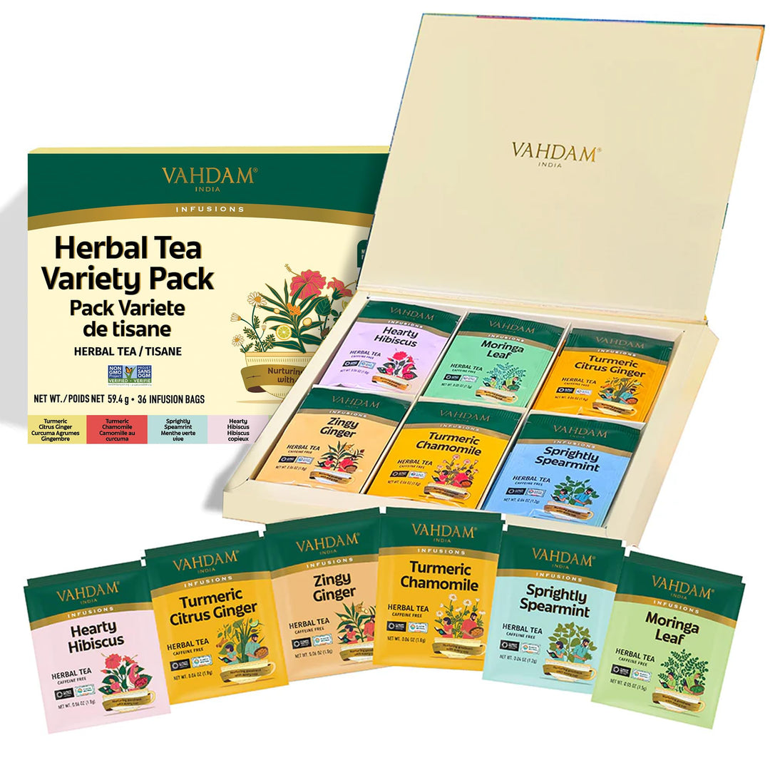 VAHDAM Herbal Tea Sampler - 36 Tea Bags in 6 Varieties | Caffeine-Free, Non-GMO Blends - Canadian Distribution - Ships Free Within Canada on Orders Above CAD $199
