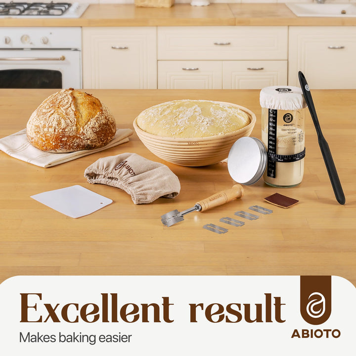 ABIOTO Sourdough Starter Kit - 9" Banneton Basket, 24oz Glass Jar & Complete Bread Baking Tools - Canadian Distribution - Ships Free Within Canada on Orders Above CAD $199