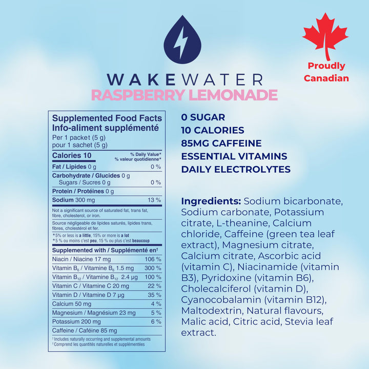 WakeWater Plus – Energy Powder – Raspberry Lemonade – 10 Sticks – Vitamins electrolytes