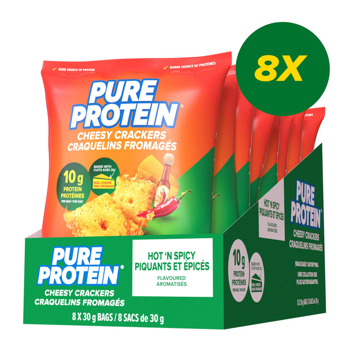 Pure Protein Hot & Spicy Cheesy Crackers - 10g Protein Per Serving, 8-Pack - Canadian Distribution - Ships Free Within Canada on Orders Above CAD $199