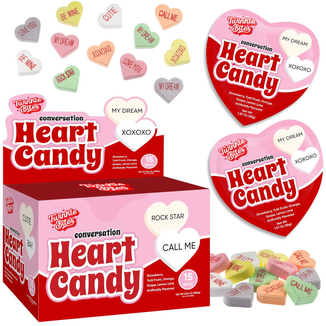 Sachets de 15 cœurs à messages pour la Saint-Valentin – Sachets en forme de cœur remplis de petits messages sucrés – 5 délicieuses saveurs – Bonbons en vrac en forme de cœur – 37 g par sachet