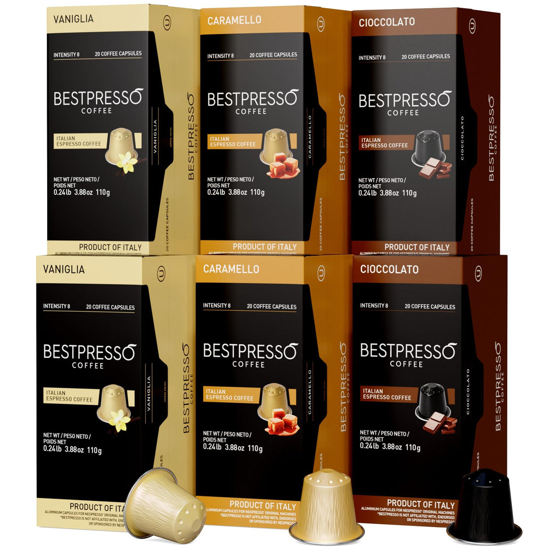 Bestpresso – Coffee Pods for Nespresso – Caramel/Vanilla/Chocolate Variety – 120 Pods