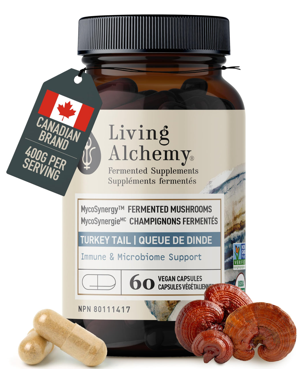 Living Alchemy Fermented Turkey Tail Mushroom – Organic Adaptogenic Supplement for Digestive & Immune Support, 60 Capsules - Canadian Distribution - Ships Free Within Canada on Orders Above CAD $199