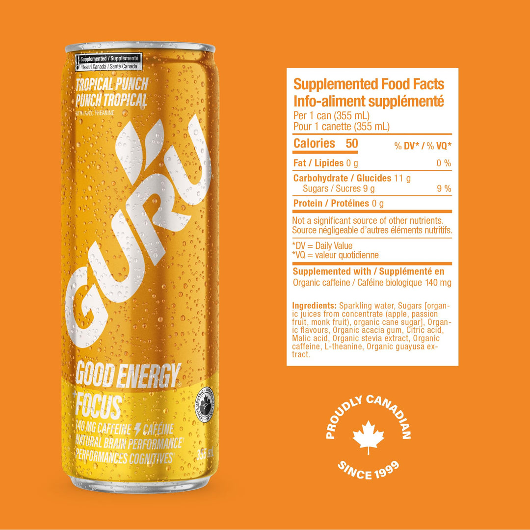 GURU – Organic Energy Drink – Tropical Punch – 24 × 355mL – Plant based caffeine