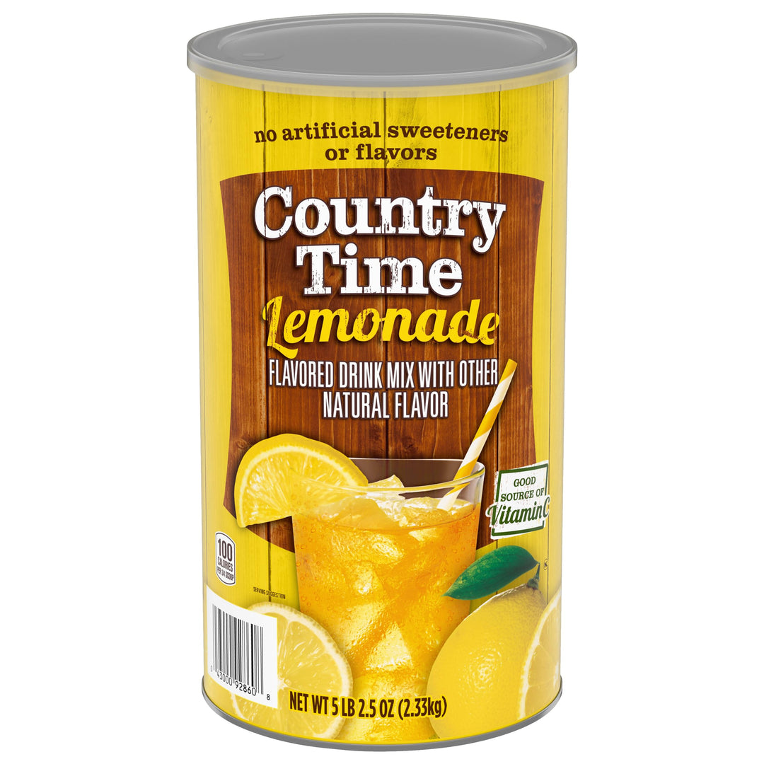 Can of Country Time Lemonade drink mix on a white background