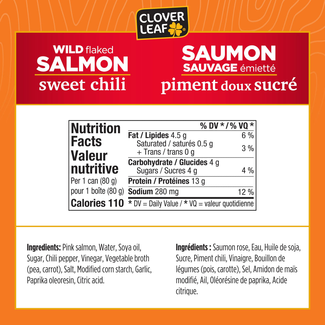 Clover Leaf Wild Flaked Salmon Sweet Chili, 80g, 24 Easy-Peel Cans - High Protein Canned Pink Salmon with Omega-3 & Vitamin D - Canadian Distribution - Ships Free Within Canada on Orders Above CAD $199
