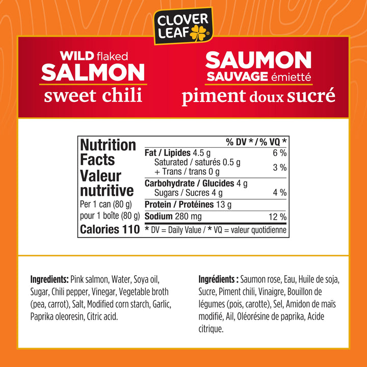 Clover Leaf Wild Flaked Salmon Sweet Chili, 80g, 24 Easy-Peel Cans - High Protein Canned Pink Salmon with Omega-3 & Vitamin D - Canadian Distribution - Ships Free Within Canada on Orders Above CAD $199