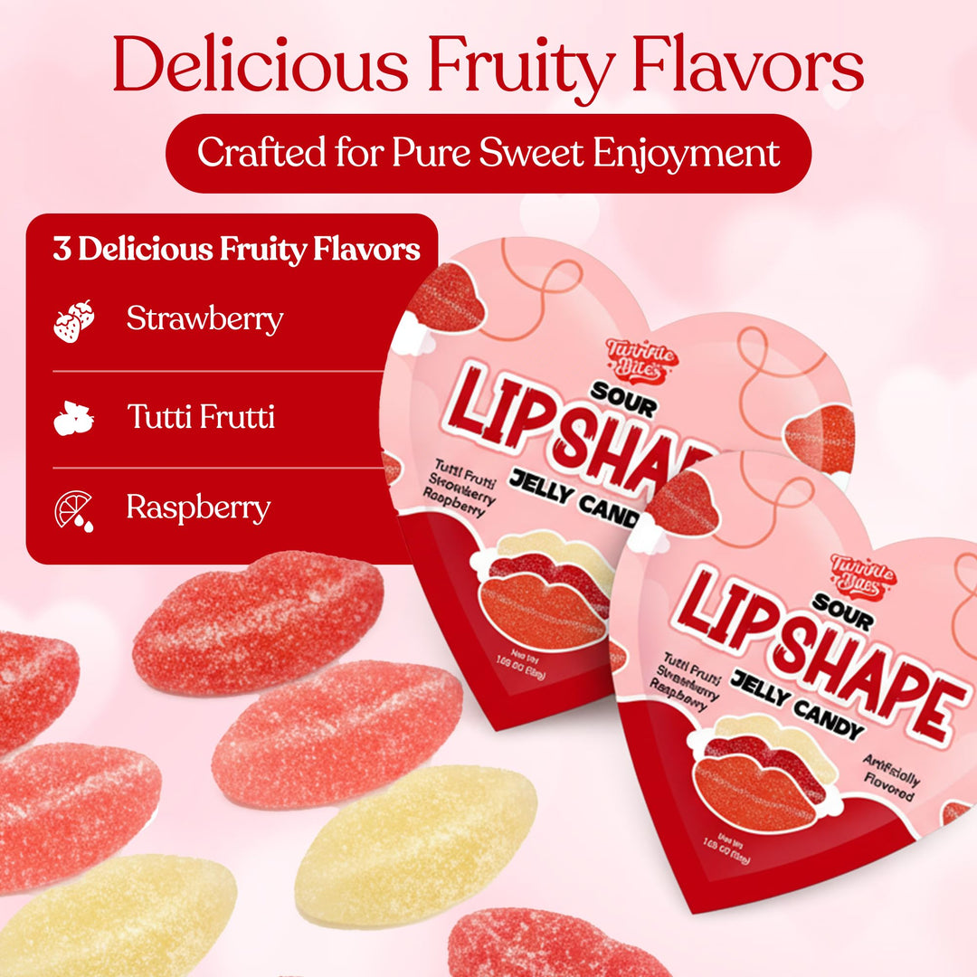 Coffret cadeau de 15 bonbons gélifiés acidulés pour la Saint-Valentin – Sachets en forme de cœur contenant 5 bonbons à lèvres chacun, saveurs fraise, framboise et tutti frutti