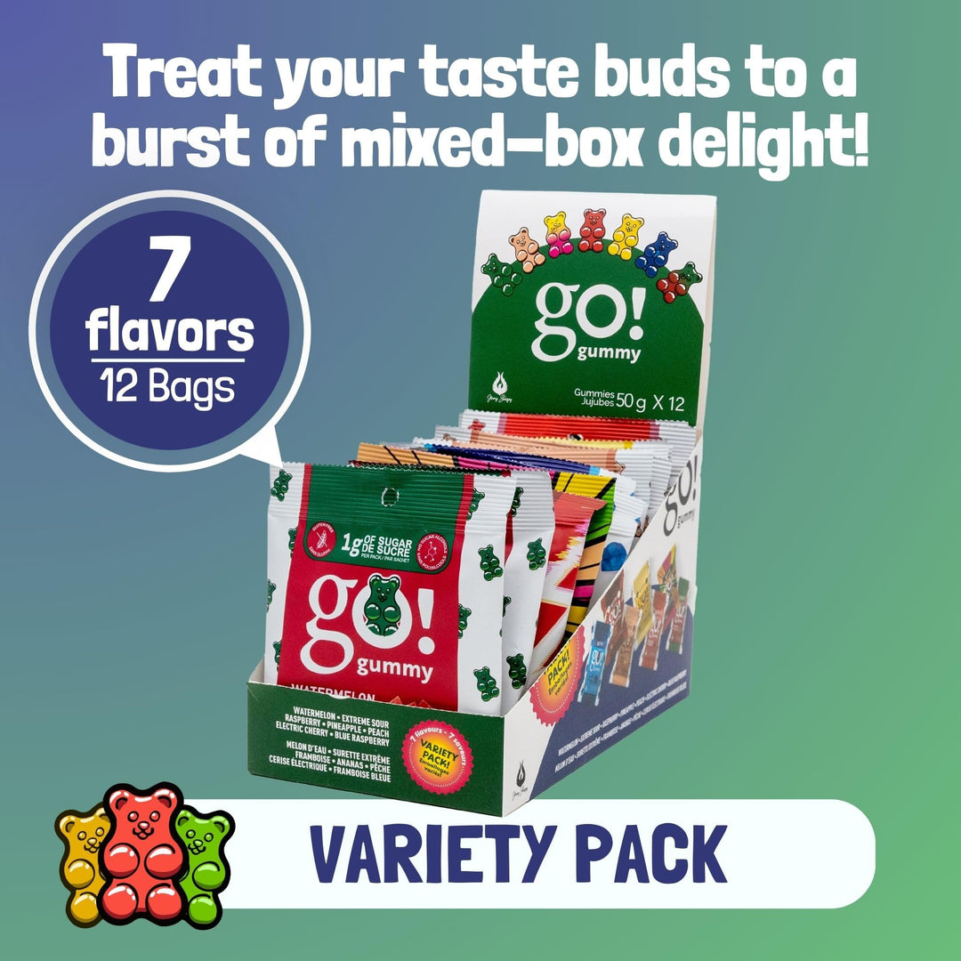 Jimmy Sevigny – GoGummy Low Sugar Gummy Bears – Variety Pack, 7 Flavours – 50g x 12