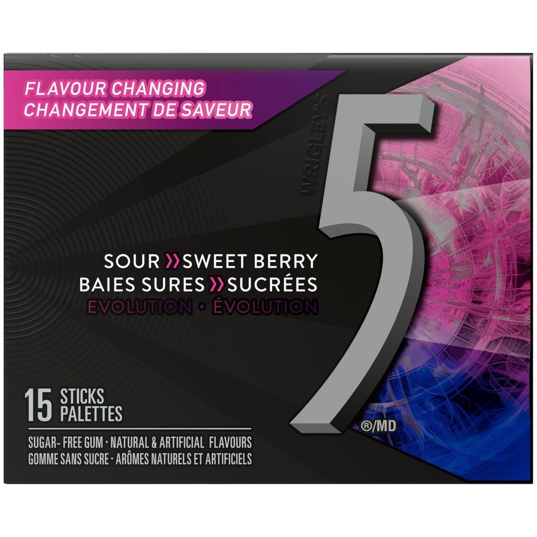 5 GUM Evolution Sour to Sweet Berry Flavor-Changing Sugar-Free Chewing Gum, 10 Packs of 15 Sticks - Canadian Distribution - Ships Free Within Canada on Orders Above CAD $199