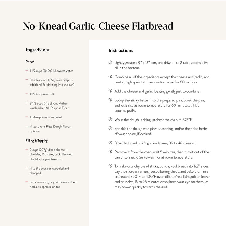 Recipe card for no-knead garlic-cheese flatbread with ingredients and instructions.